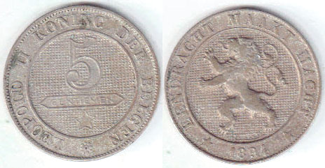 1894 Belgium 5 Centimes (Der Belgen) A003816